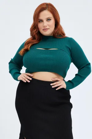 Queen Glow Green Knitted Cami Top And High Neck Shrug Set