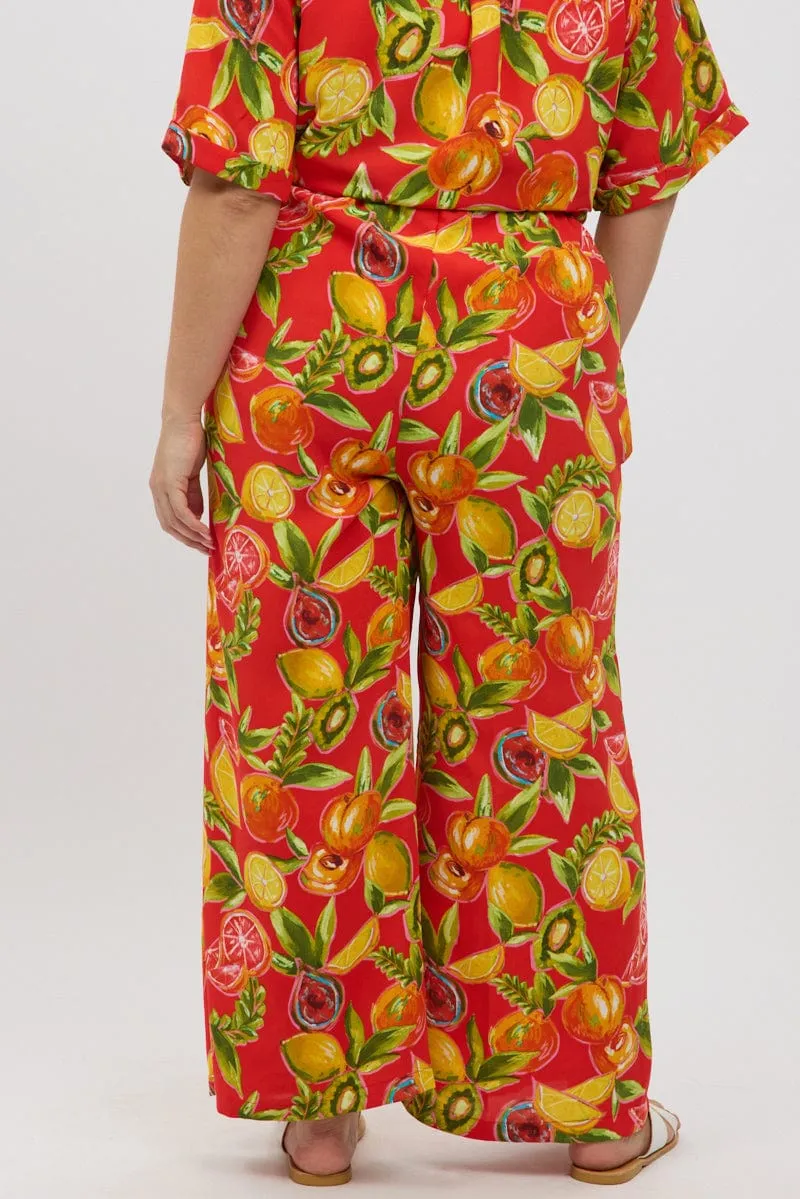 DoubleLayeredKnees Red Abstract Elastic Waist Wide Leg Pants