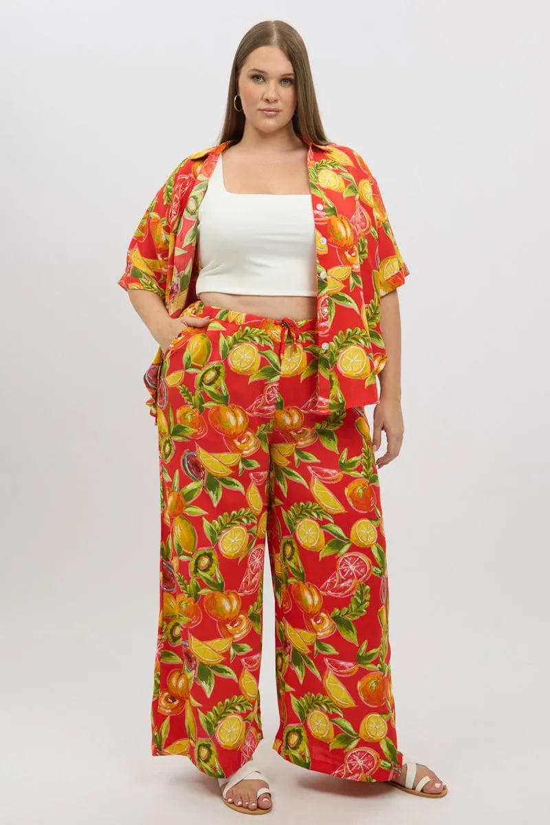 Non Irritating Seams Smart Casual Red Abstract Elastic Waist Wide Leg Pants