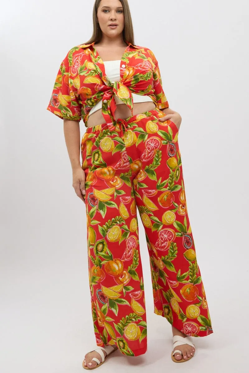 Quick Conversion Hem Red Abstract Elastic Waist Wide Leg Pants