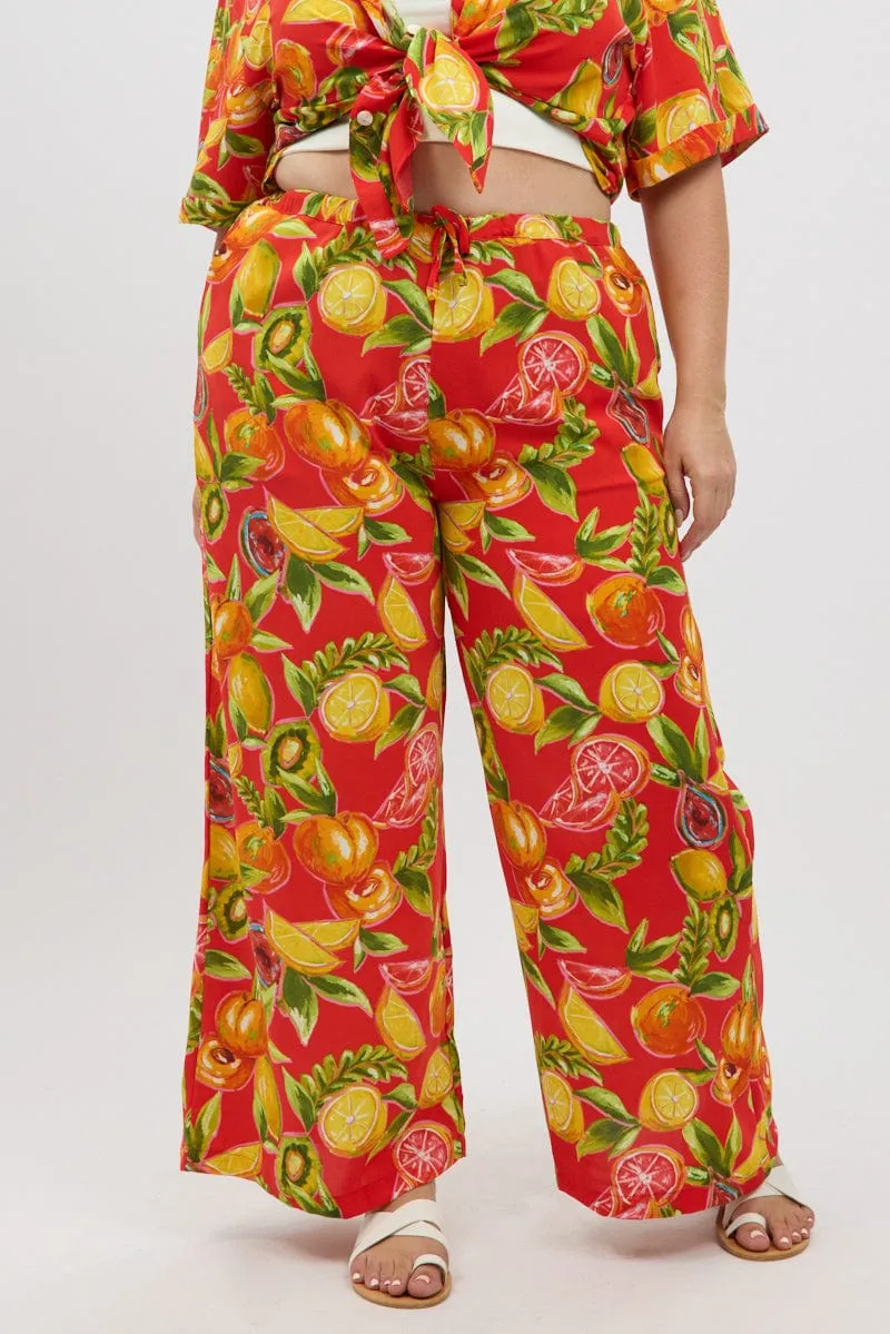 Red Abstract Elastic Waist Wide Leg Pants Durable Waistband Fashion Staple