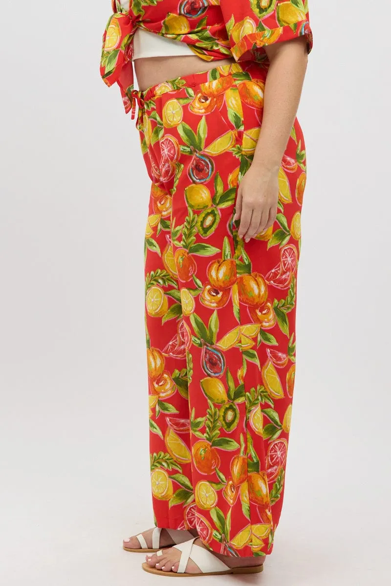 Functional Wear Sporty Design Red Abstract Elastic Waist Wide Leg Pants