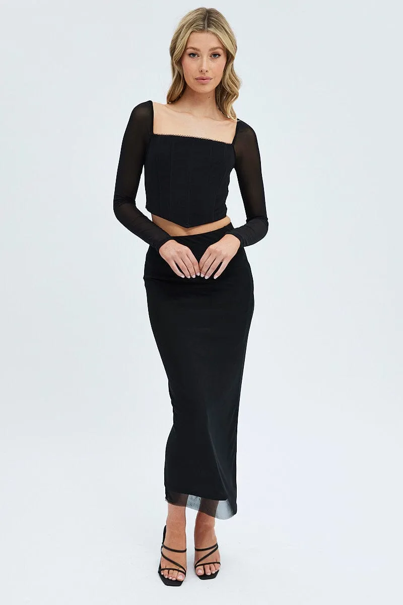 Black Mesh Midi Skirt Embroidered Detail A line