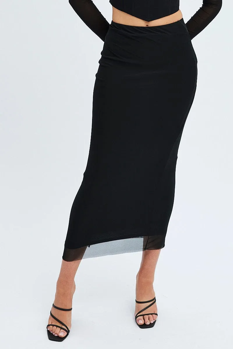 Front Slit Black Mesh Midi Skirt