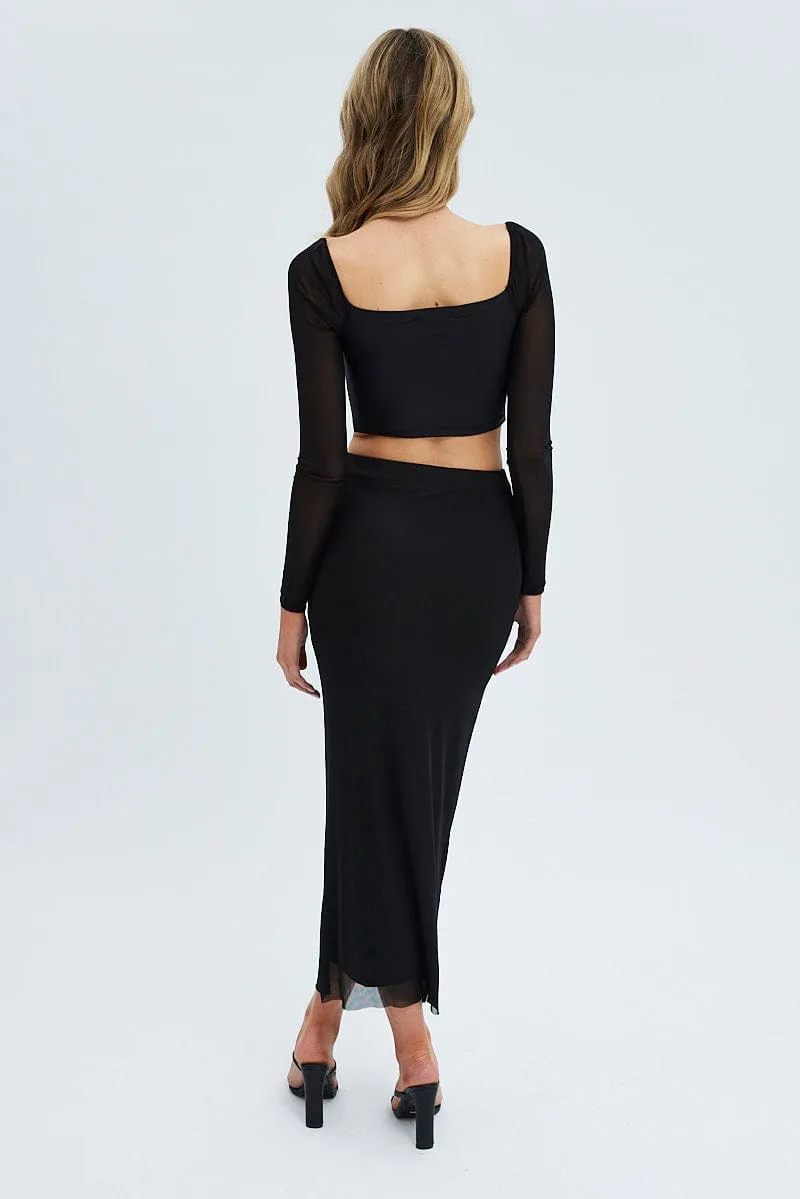Black Mesh Midi Skirt Matching Belt Red Carpet Look