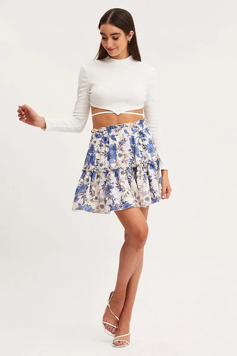 Adjustable Waist Seamless Design Print Flare Skirt Mini High Rise