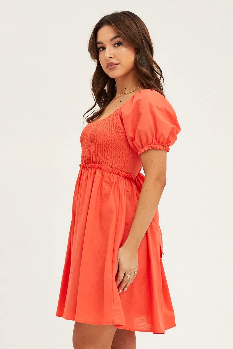 Orange Puff Sleeve Linen Shirred Skater Dress BreathableMesh