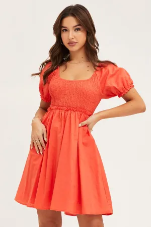 Orange Puff Sleeve Linen Shirred Skater Dress ButterySoftTexture LightweightKnit