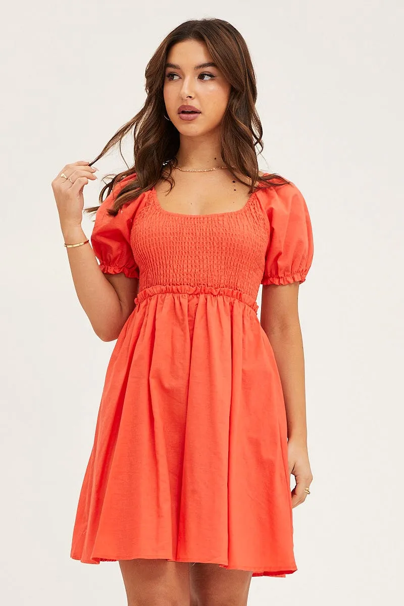 Orange Puff Sleeve Linen Shirred Skater Dress Net Fit