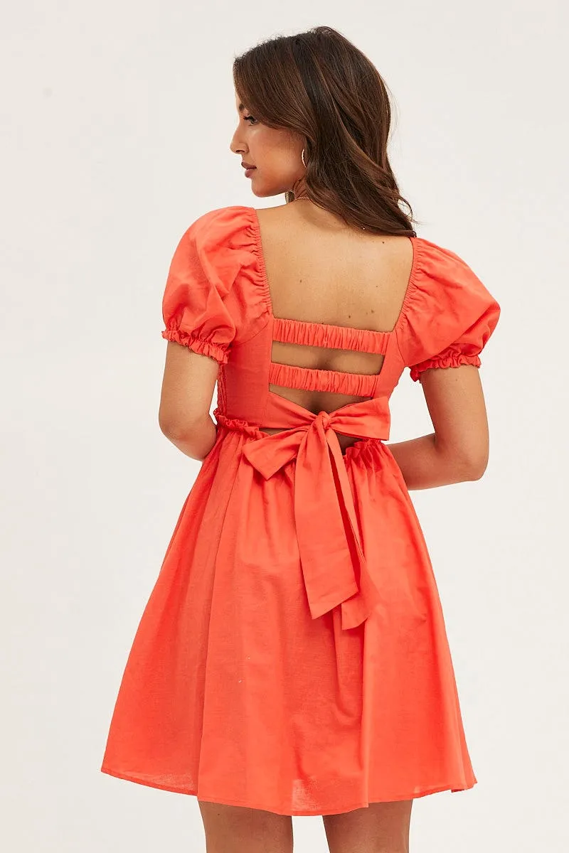 Flexible Apparel Orange Puff Sleeve Linen Shirred Skater Dress