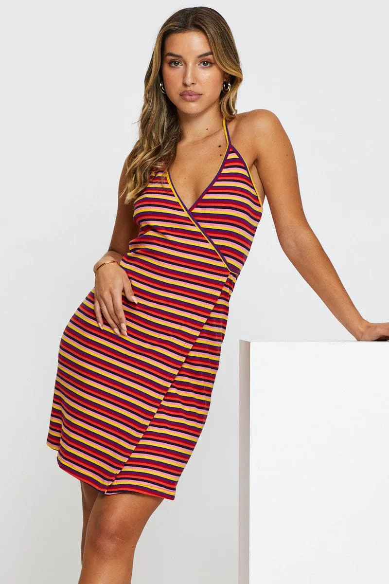 Close Wrap Non Restrictive Cut Stripe Wrap Dress Mini