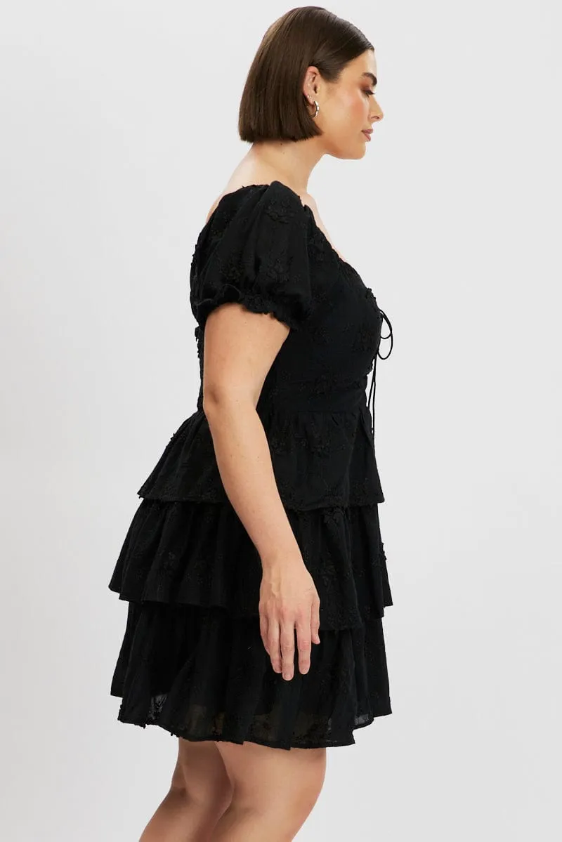 Black Lace Up Front Embossed Cotton Mini Dress Structured Collar