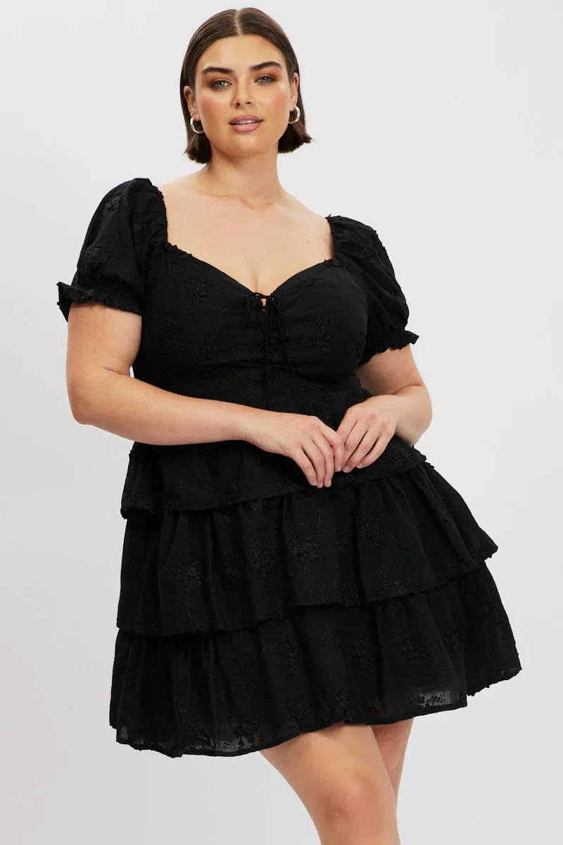 Look Sharp Black Lace Up Front Embossed Cotton Mini Dress