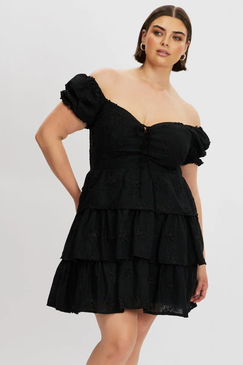 Black Lace Up Front Embossed Cotton Mini Dress Relaxed Silhouette