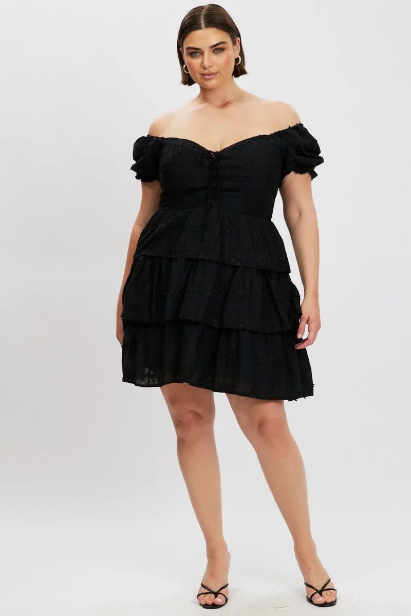 Flirty Look Shine Rush Black Lace Up Front Embossed Cotton Mini Dress