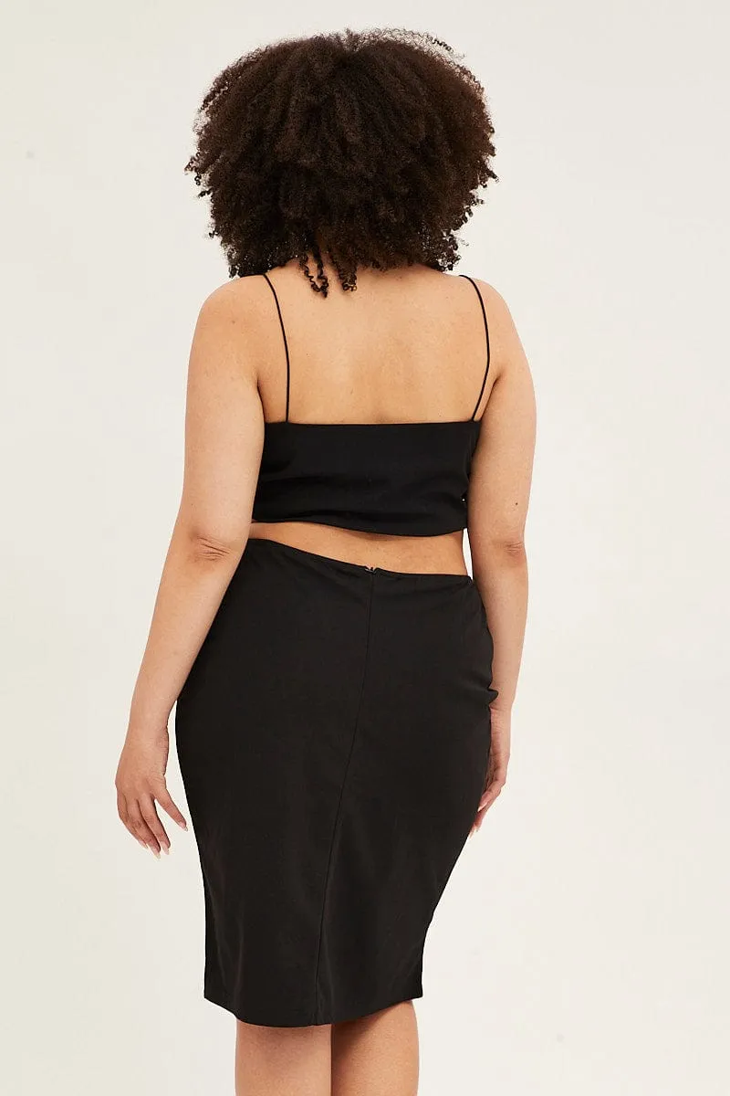 Black Midi Skirt Elastic Waist Pencil Knee Length Ponte Texture Focus