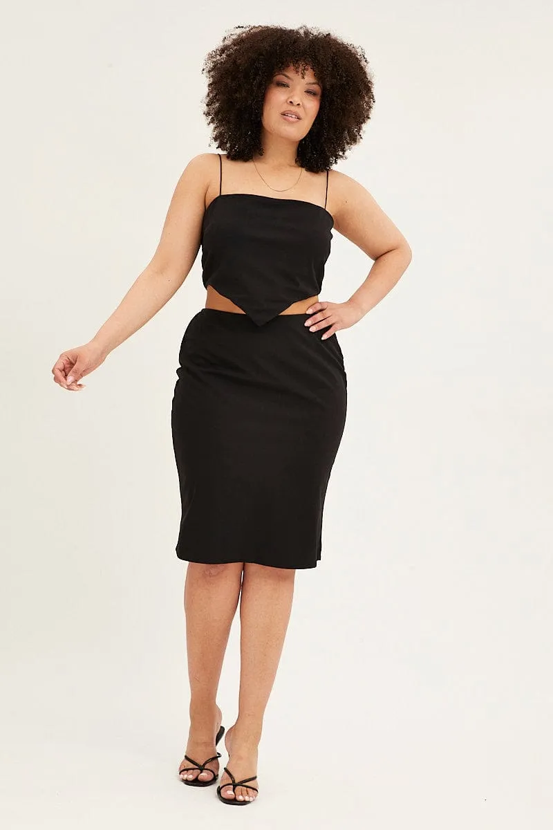Black Midi Skirt Elastic Waist Pencil Knee Length Ponte Airy Look Fresh Aesthetic