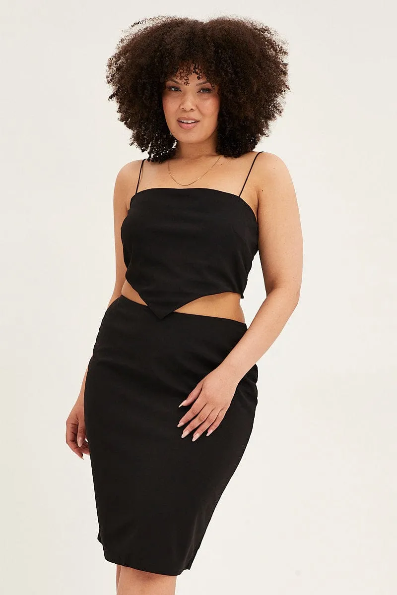 Black Midi Skirt Elastic Waist Pencil Knee Length Ponte Classic Appeal High low hem