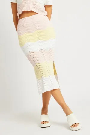 Multi Stripe Knit Skirt Midi Crochet Weekend Fashion Adjustable Waist