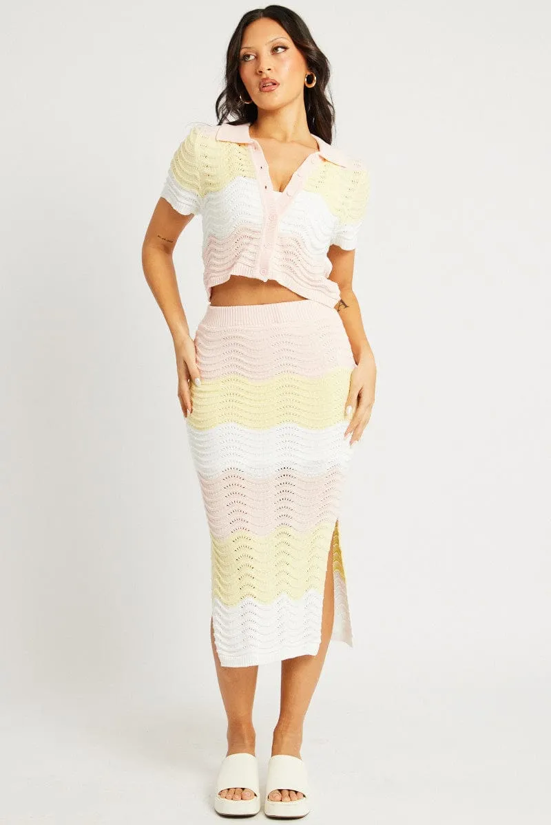 Seamless construction Multi Stripe Knit Skirt Midi Crochet
