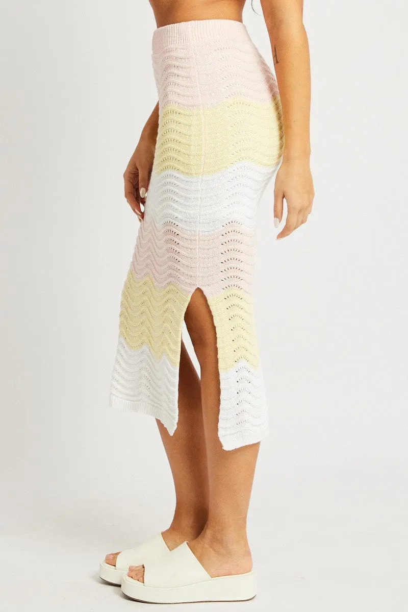Multi Stripe Knit Skirt Midi Crochet Slip Resistant Waist