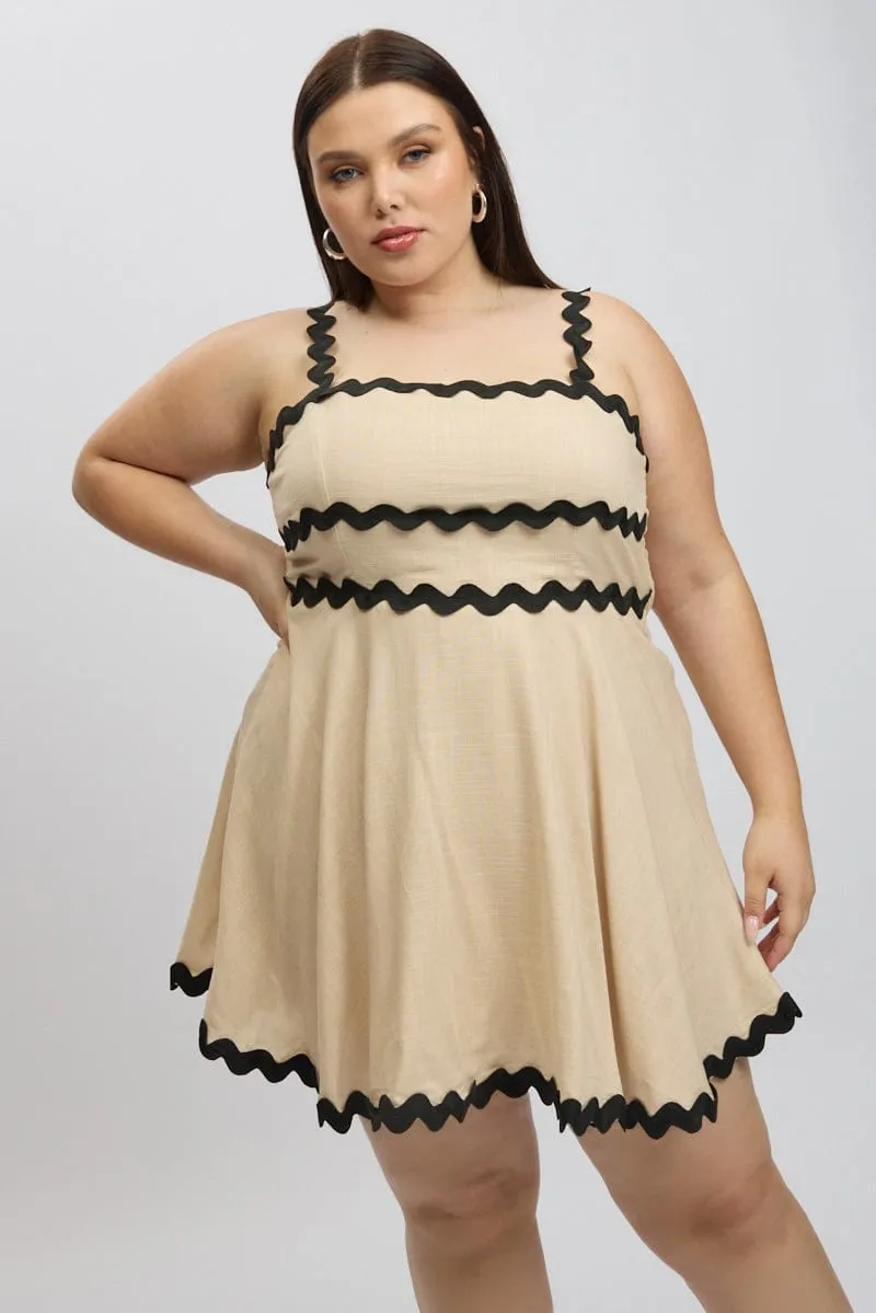 Flattering Design Look Glow Heat Beige Ric Rac Trim Mini Dress