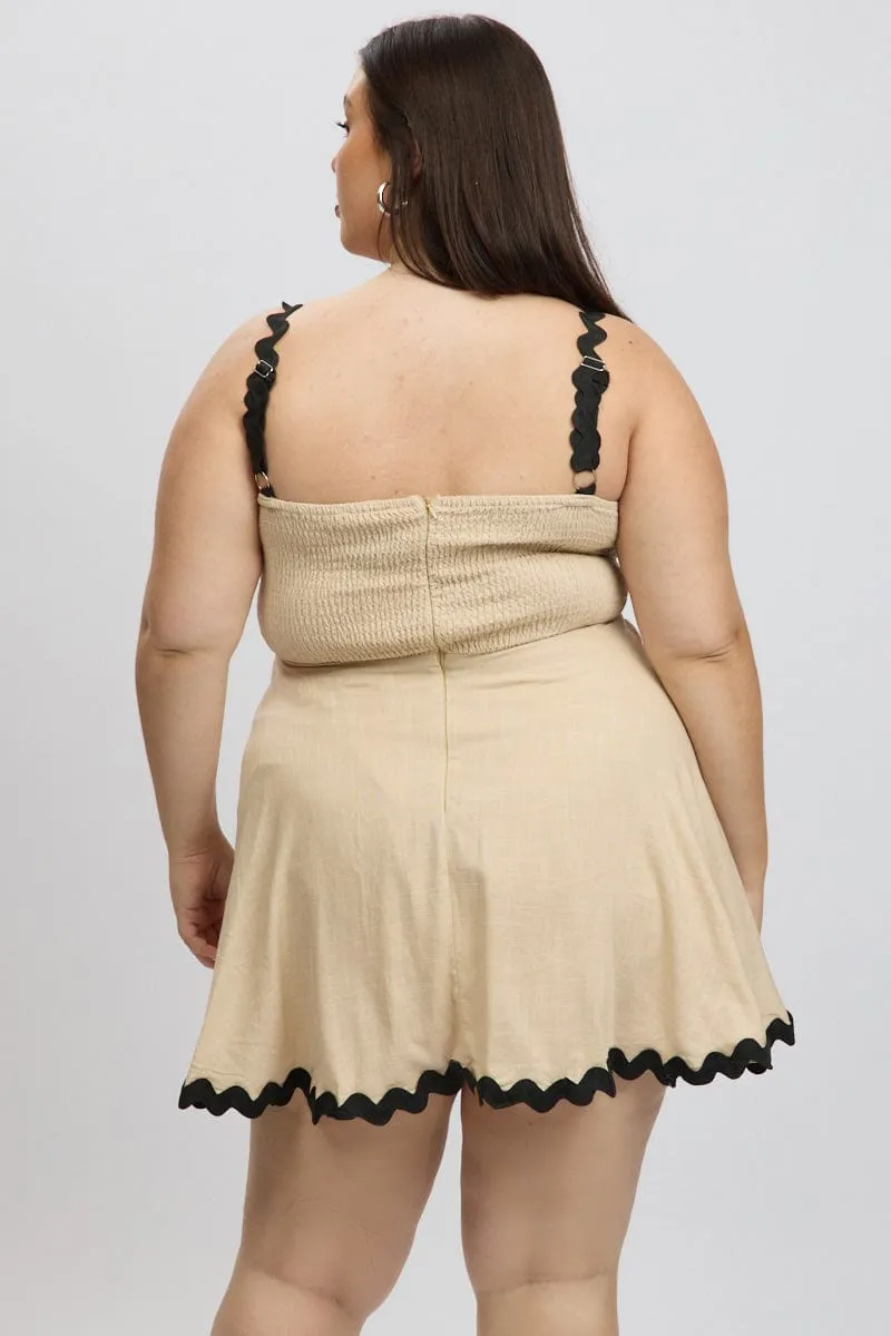 Beige Ric Rac Trim Mini Dress Reinforced Elbows