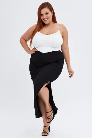 Laidback Feel Black Midi Skirt High Waist Split Ribbed Jersey