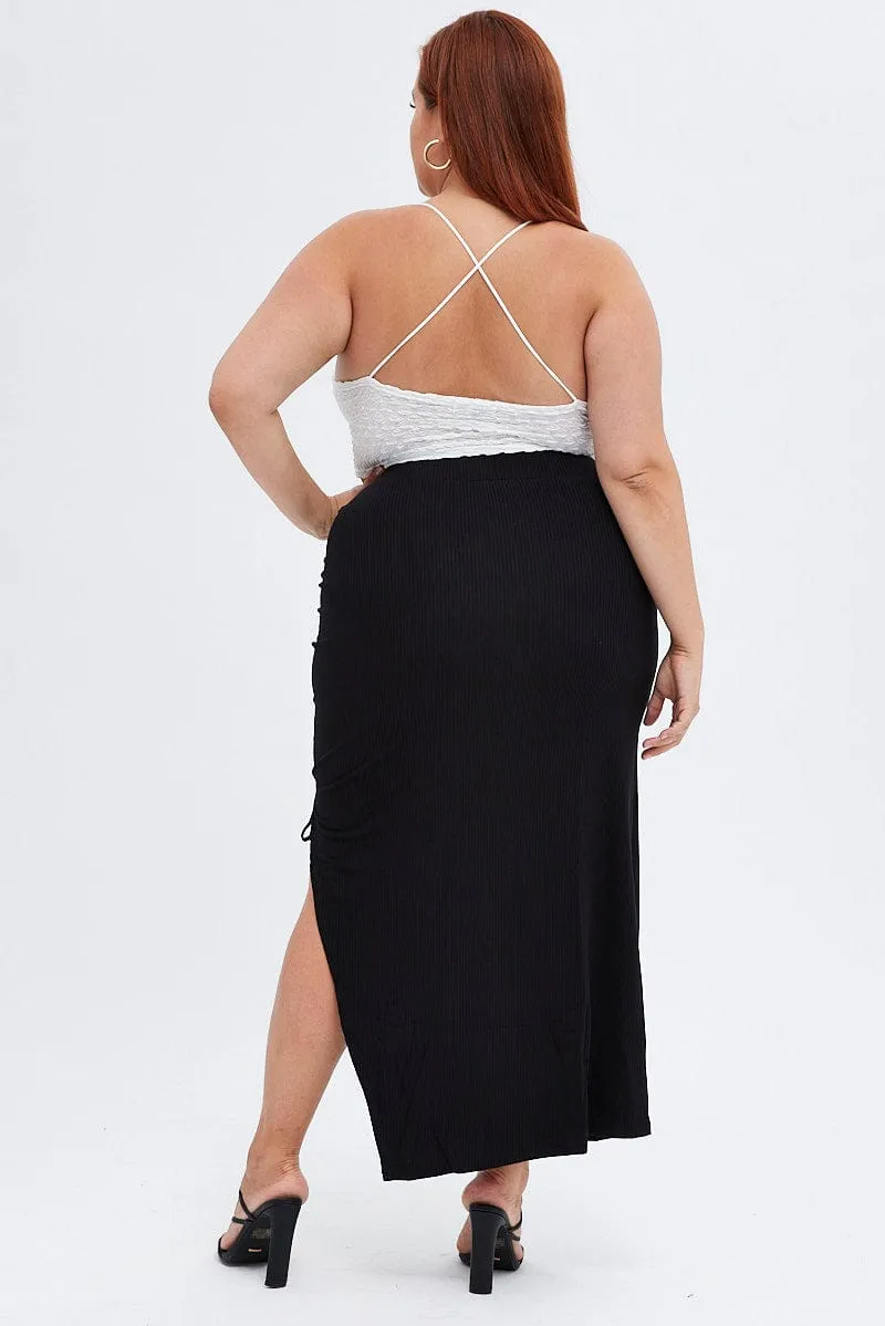 All Day Fit button detail Black Midi Skirt High Waist Split Ribbed Jersey