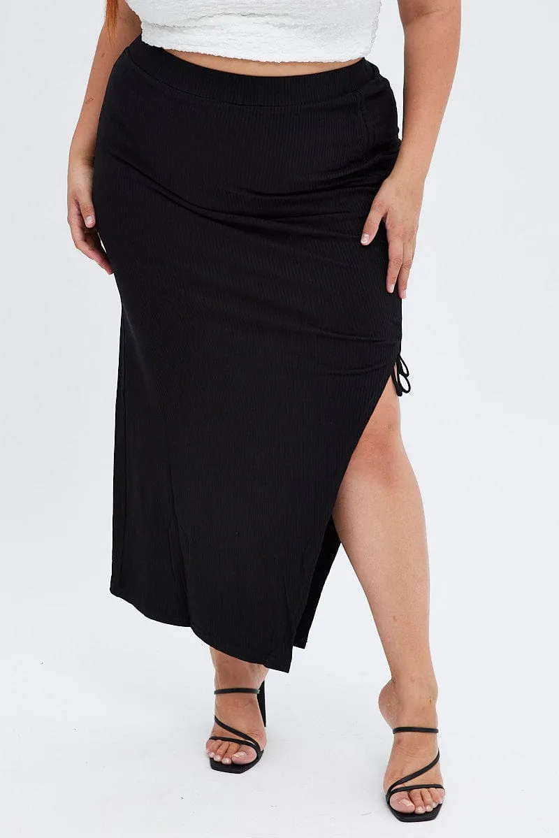 Summer Picnic Lifestyle Look Black Midi Skirt High Waist Split Ribbed Jersey