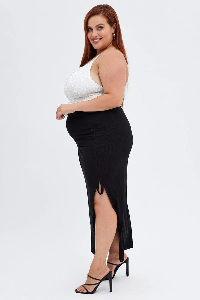 Black Midi Skirt High Waist Split Ribbed Jersey Clean Finish