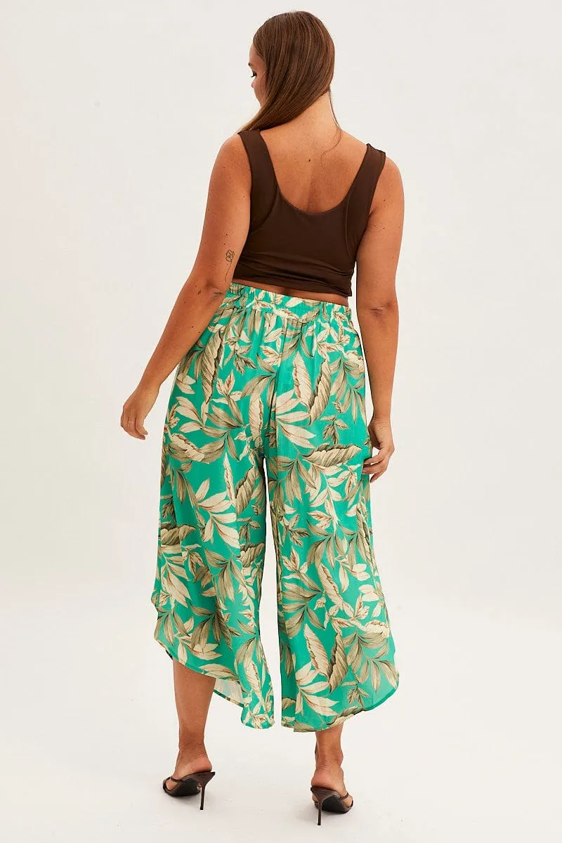 TailoredSilhouette Green Floral Wide Pant Elastic Waist Split Leg