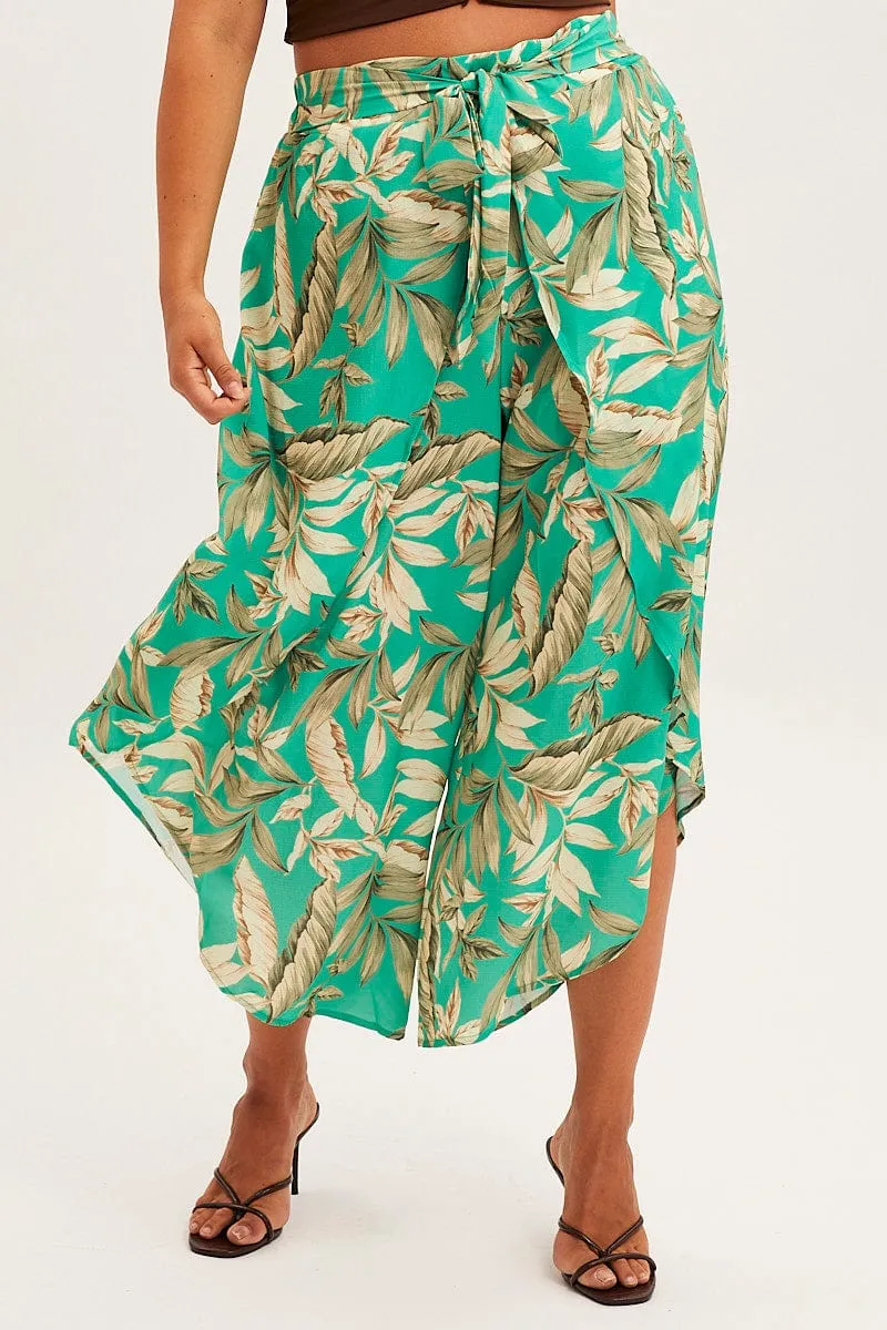 Classy Fit Green Floral Wide Pant Elastic Waist Split Leg