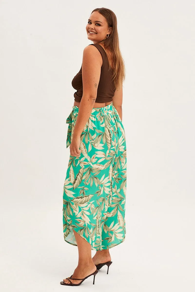 Perfect Design Blackout fabric Green Floral Wide Pant Elastic Waist Split Leg