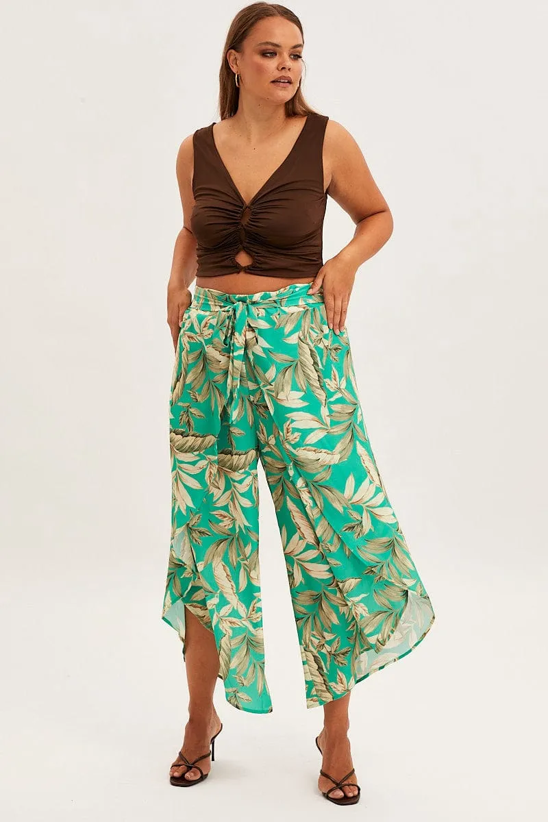 Green Floral Wide Pant Elastic Waist Split Leg Timeless Layers