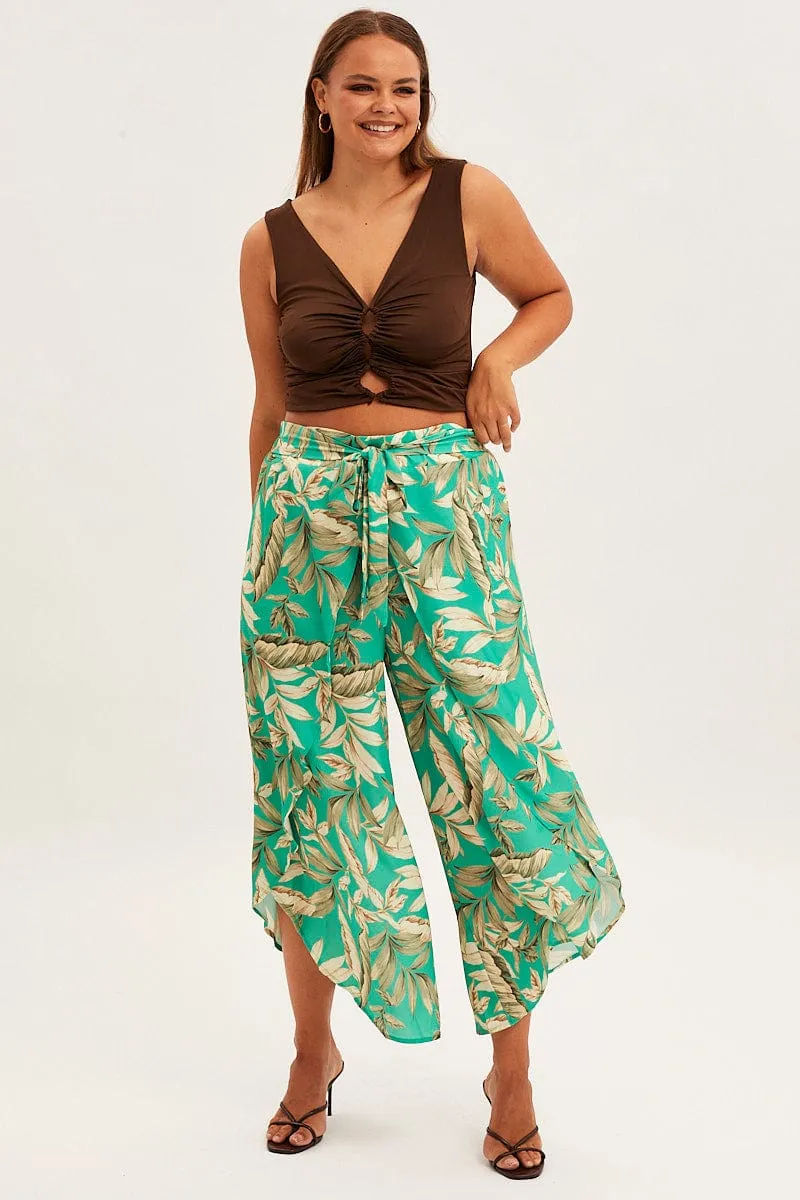 Reinforced Stress Points Green Floral Wide Pant Elastic Waist Split Leg