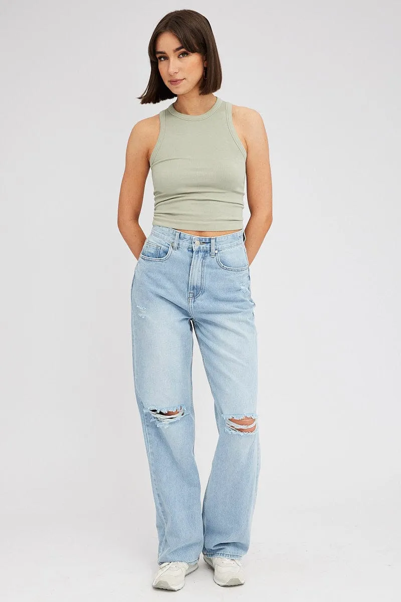 Classic Mode EcoFriendly Material Green Tank Top Crew Neck Seamless