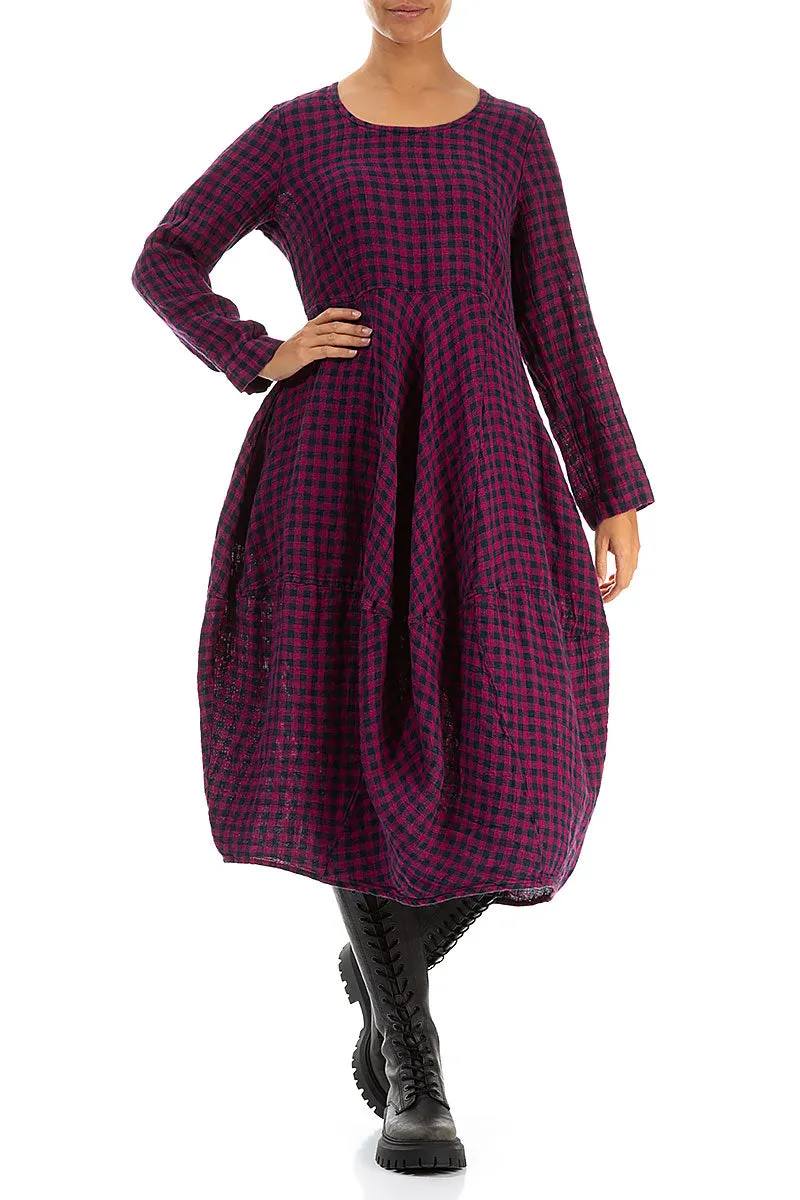 Balloon Magenta Check Linen Dress Winter Style Lightweight clothing