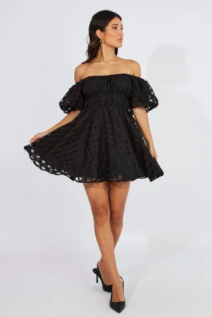 Heart Soul Flatlock stitching Black Fit And Flare Dress Puff Sleeve Mini