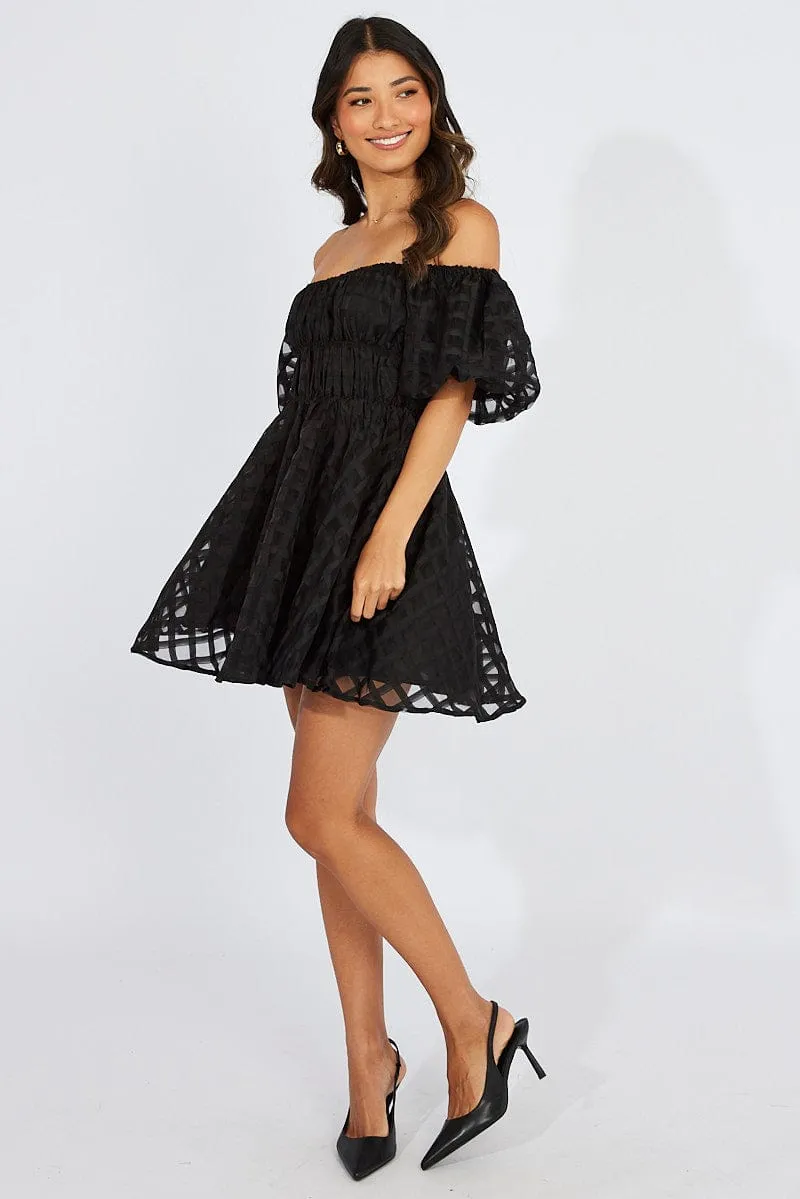 Raw Linen Stylish Jeans Black Fit And Flare Dress Puff Sleeve Mini