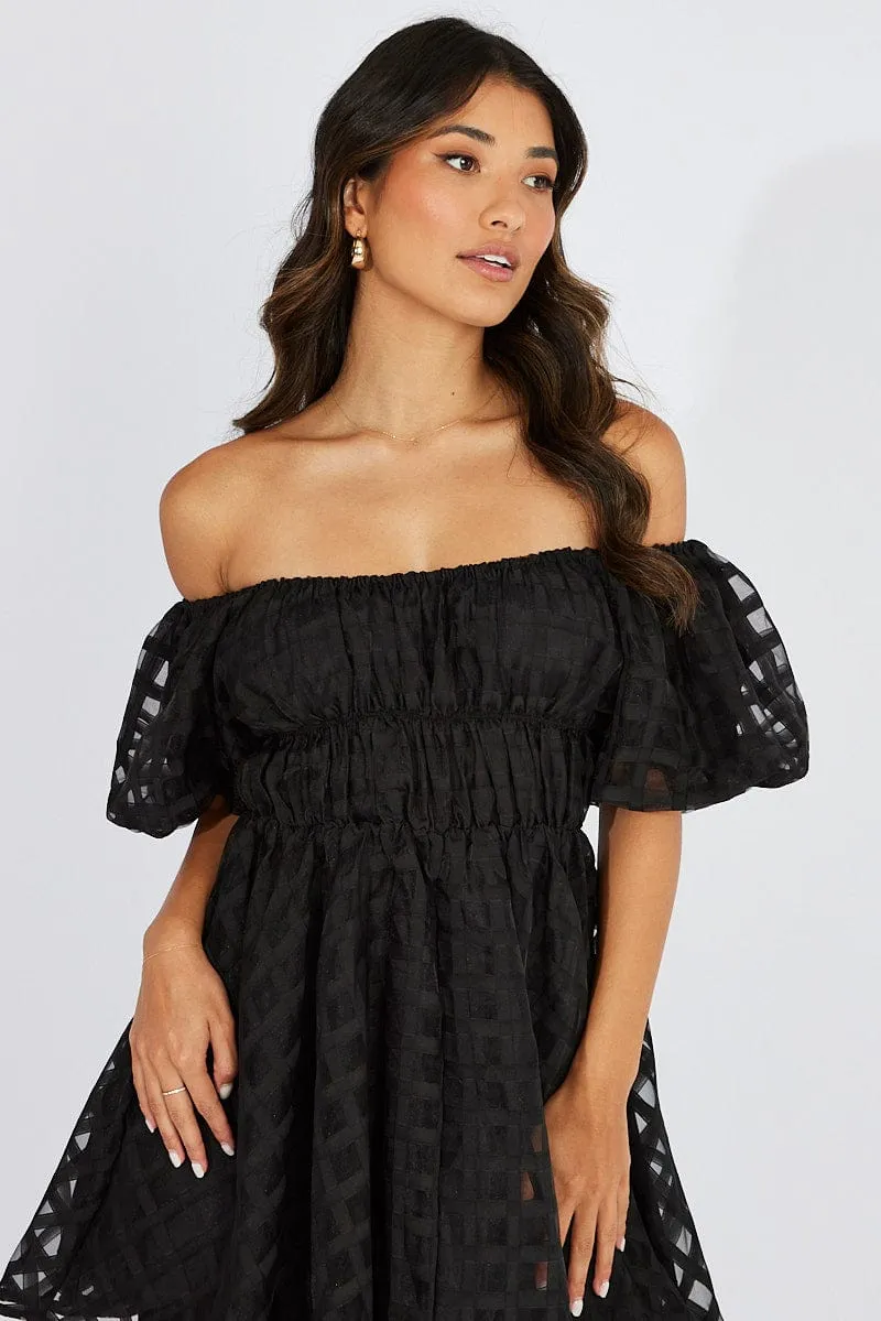 DoubleLayered Fabric Black Fit And Flare Dress Puff Sleeve Mini