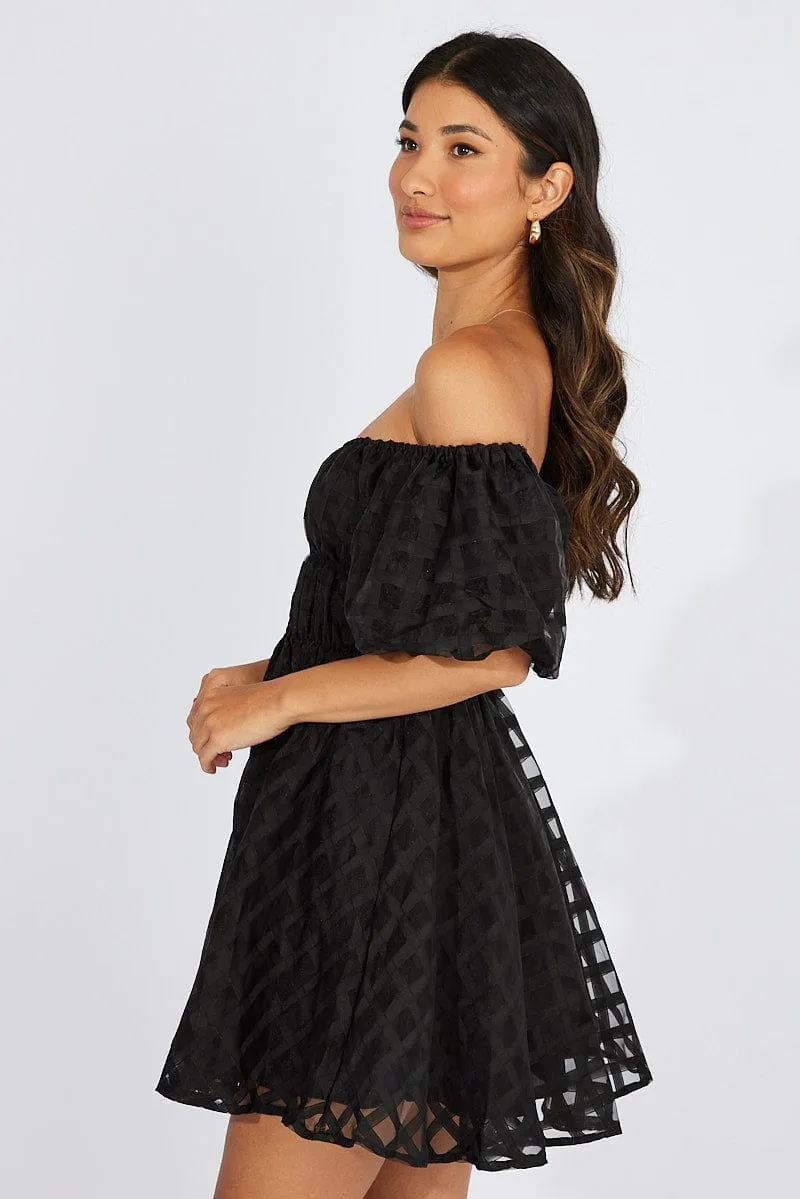 Black Fit And Flare Dress Puff Sleeve Mini Chic Edge Snow Core