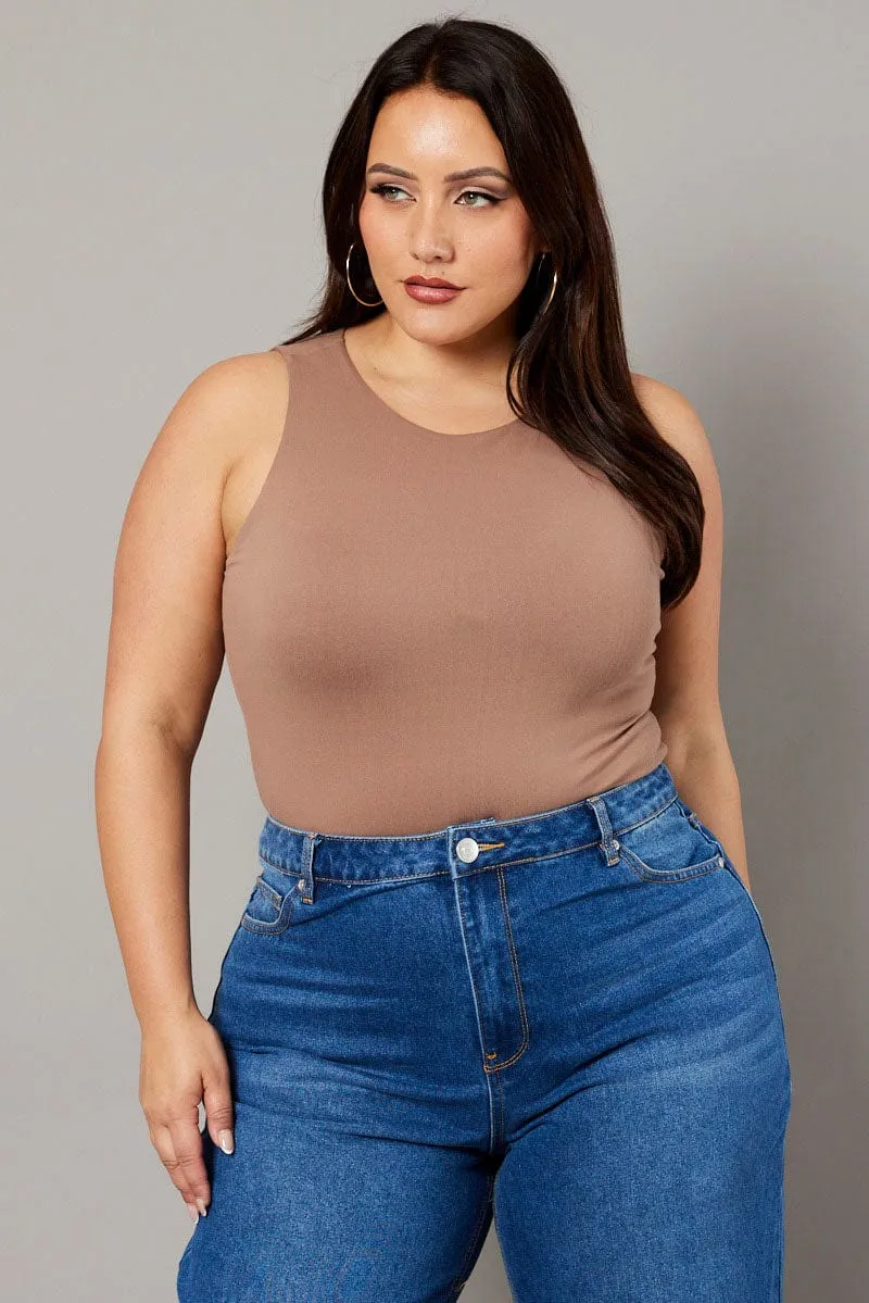 Winter Layer Brown Bodysuit Sleeveless Crew Neck Supersoft