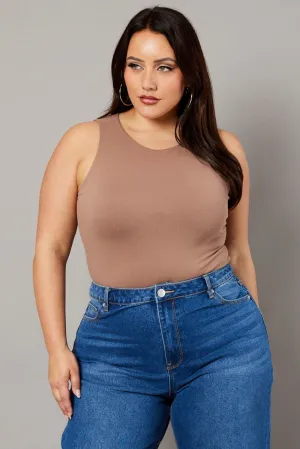 Winter Layer Brown Bodysuit Sleeveless Crew Neck Supersoft