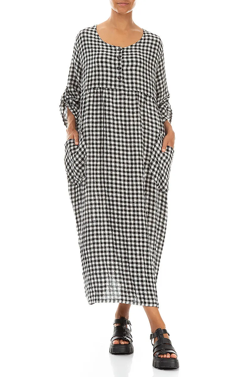 Bio Glow Buttoned Black & White Check Linen Dress