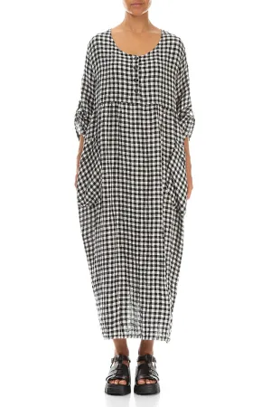 Ergonomic Pattern Buttoned Black & White Check Linen Dress