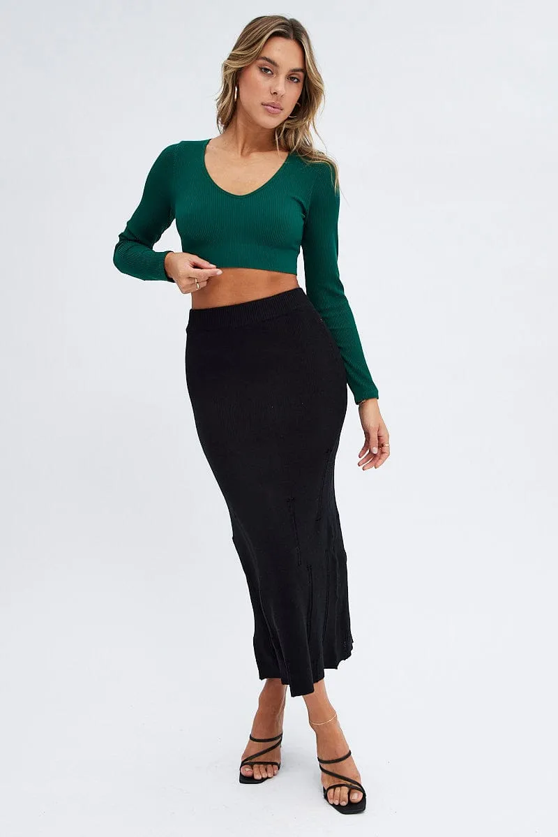 Elasticized Cuff Black Midi Skirt High Waisted A-line Ladder Knit