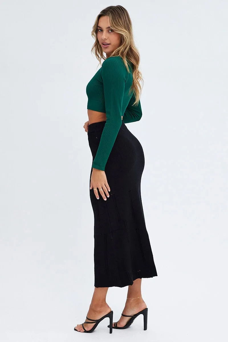 Weighted Hem Contemporary Design Black Midi Skirt High Waisted A-line Ladder Knit