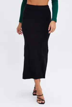 Velvet Finish Black Midi Skirt High Waisted A-line Ladder Knit