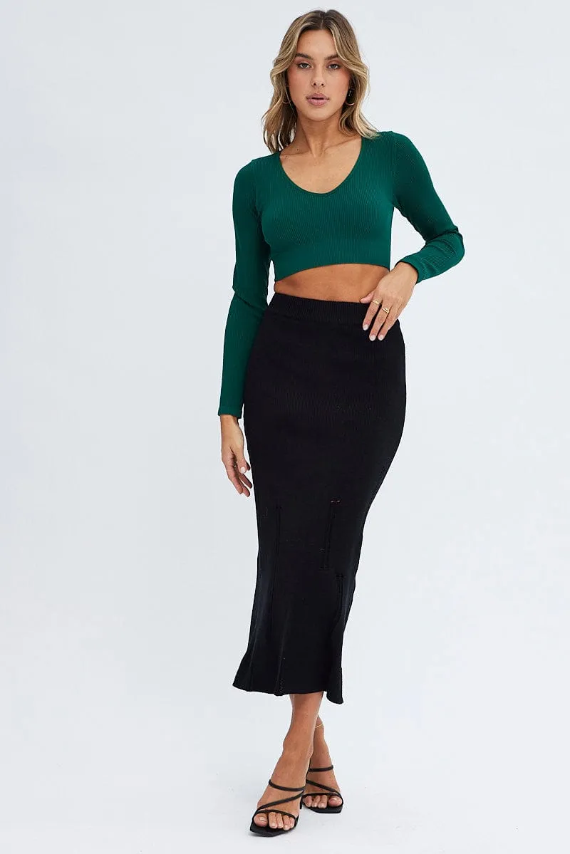 Black Midi Skirt High Waisted A-line Ladder Knit gentle style Outfit Flow